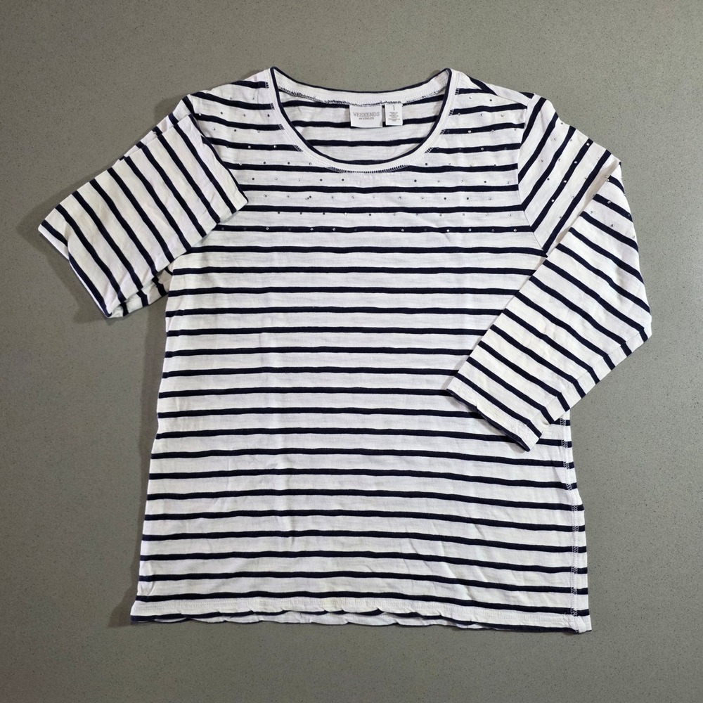 Weekends by Chico's Striped Rhinestone Scoop Neck 3/4 Sleeve Top Navy White Sz 1